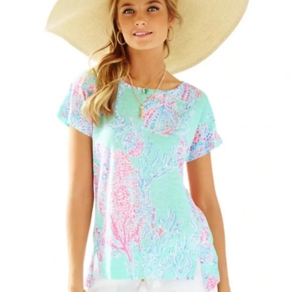 LILLY PULITZER Mikela Top Size XS Minty Fresh Fansea 100% Linen Women’s